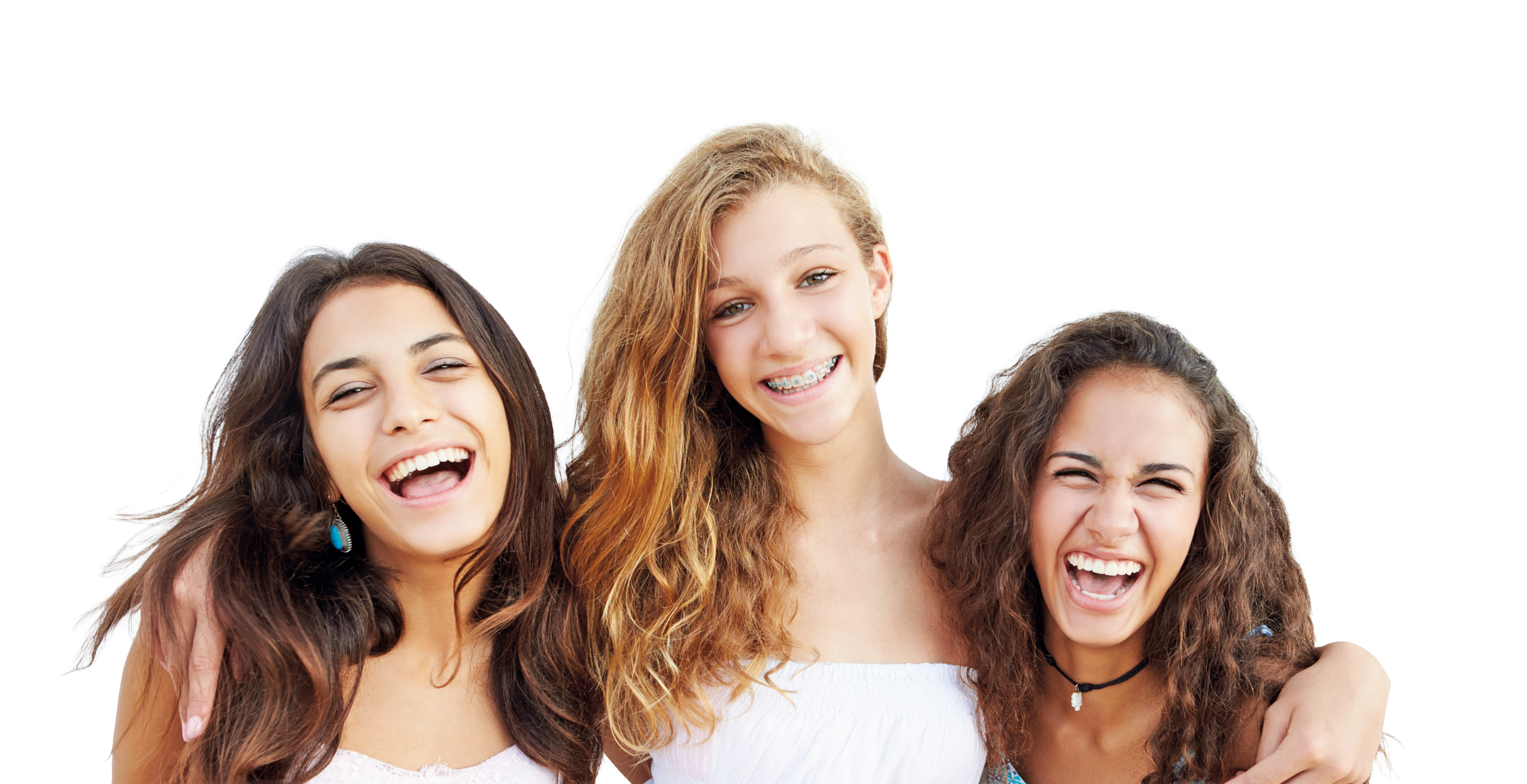 Stockfoto von drei Mädchen die freundlich lächeln.